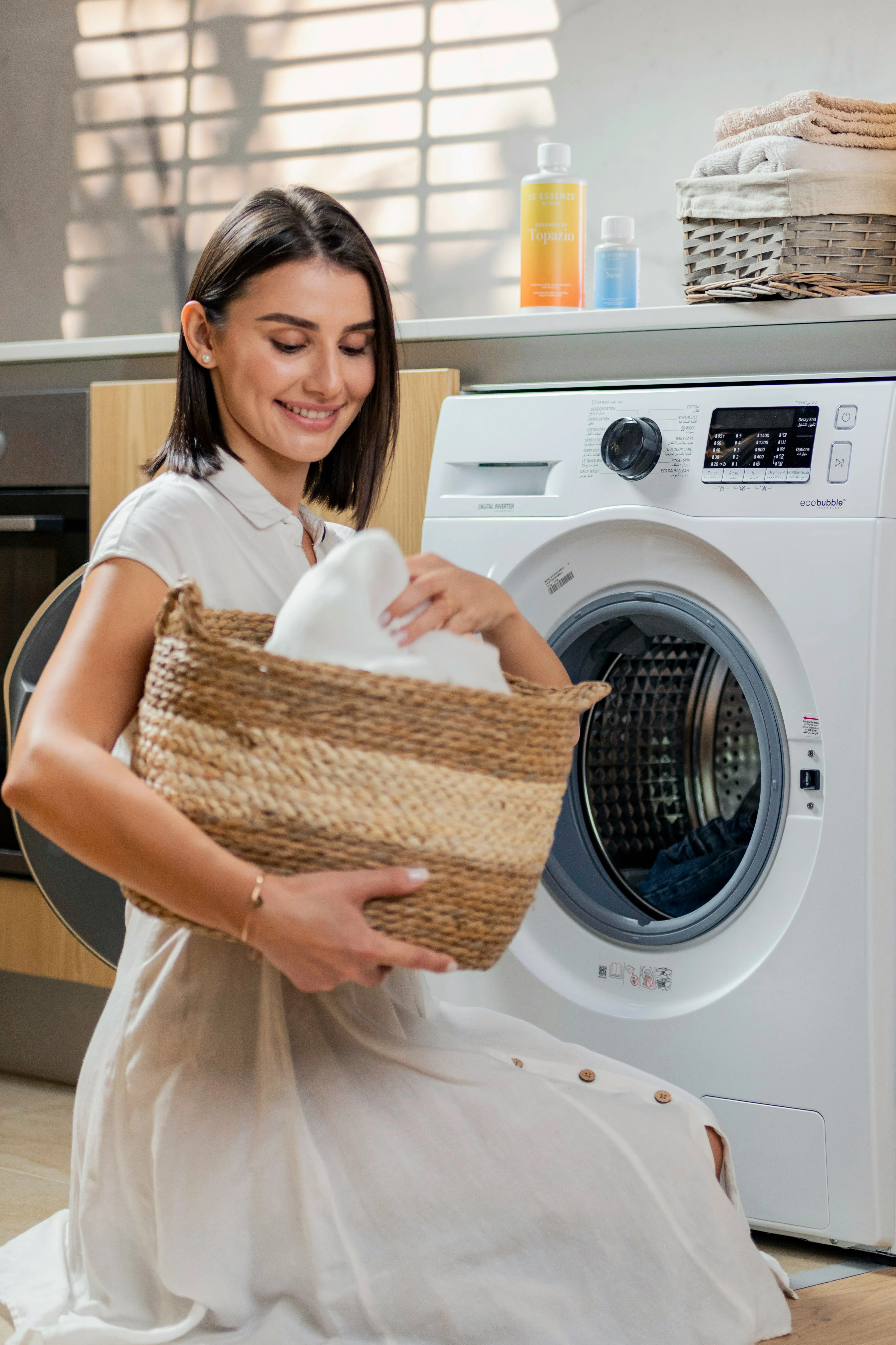 A white front-load washing machine